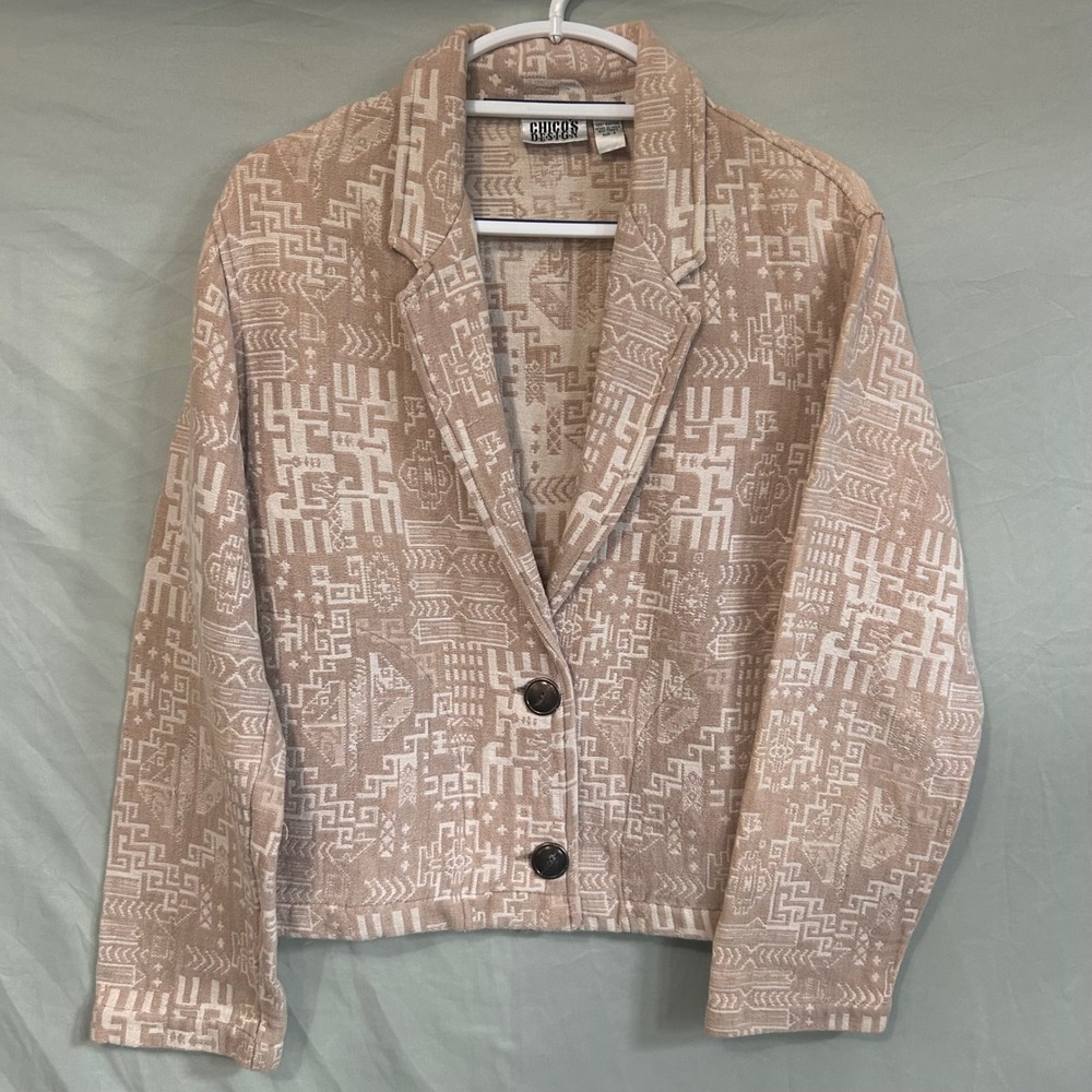 Chicos Design Tan Geometric Cotton Cropped Blazer Jacket Womens Size 0 / Small